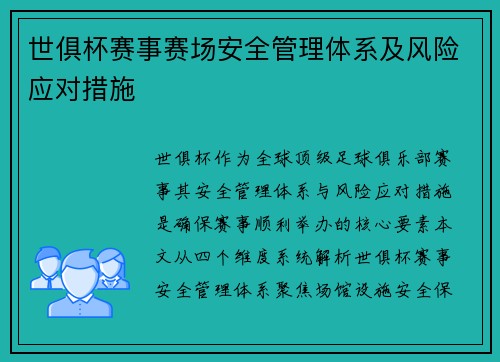 世俱杯赛事赛场安全管理体系及风险应对措施